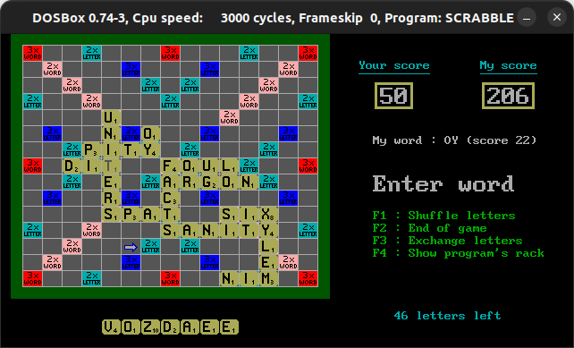 DOSBox running SCRABBLE.EXE with the default dictionary showing some words played in a game.