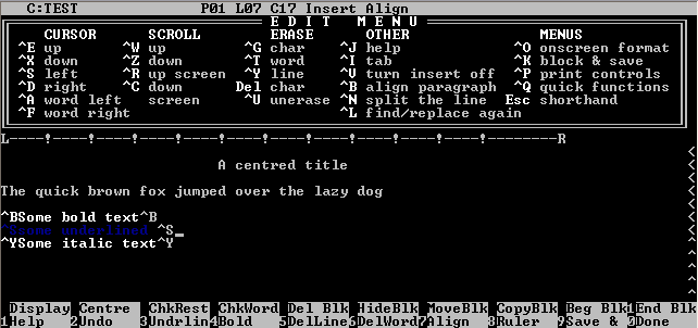 A screenshot of WordStar for DOS