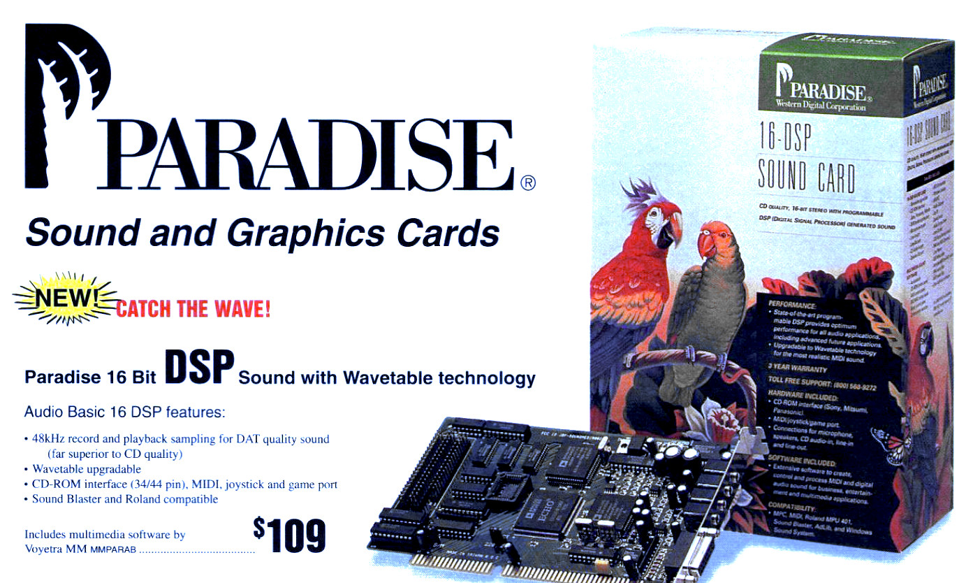 print ad for the 16-DSP Sound Card, featuring 2 macaws and a green and yellow parrot