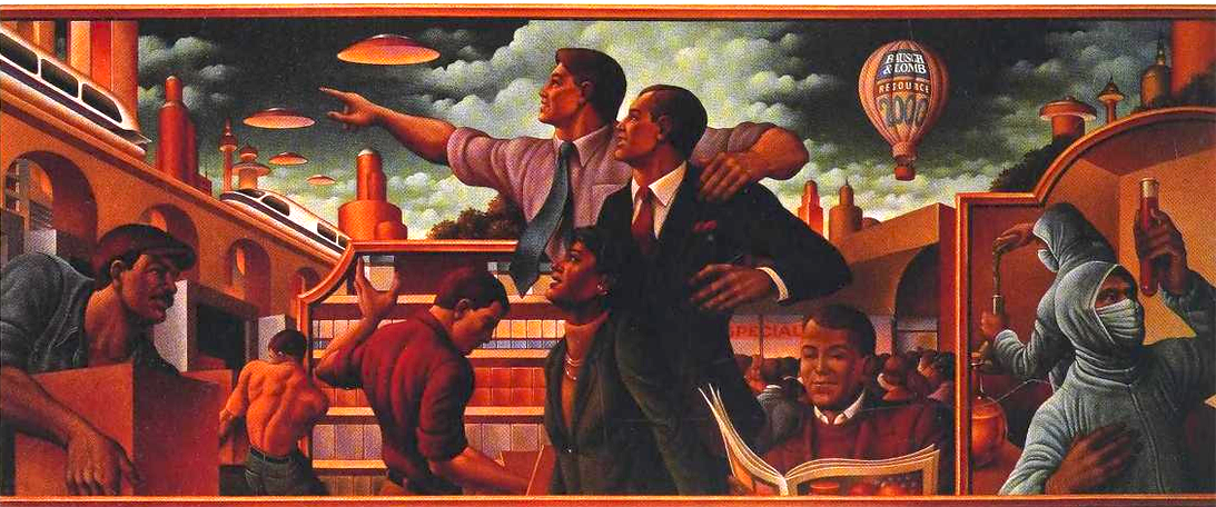 a mural of visibly muscular workers. Some are laboring and some appear to be doing skilled work