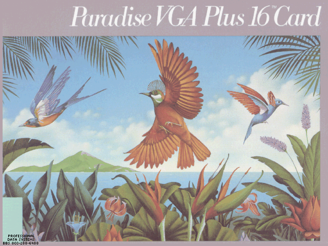 A 1990s scan of the PVGA Plus 16 video card box artwork. The image has a watermark which reads: Professional Data Systems BBS 803-288-6488.