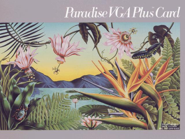 A 1990s scan of the PVGA Plus video card box artwork. The image has a watermark which reads: Professional Data Systems BBS 803-288-6488.