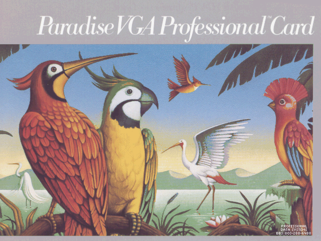 A 1990s scan of the PVGA Professional video card box artwork. The image has a watermark which reads: Professional Data Systems BBS 803-288-6488.