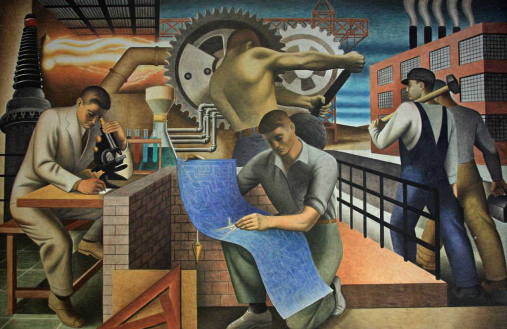 Bustling with work and activity, /The Wealth of the Nation/ by Seymour Fogel is an interpretation of the theme of Social Security. Workers are muscular, masculine, male, broad shouldered, and have thick necks, carrying out a mix of blue and white collar work.