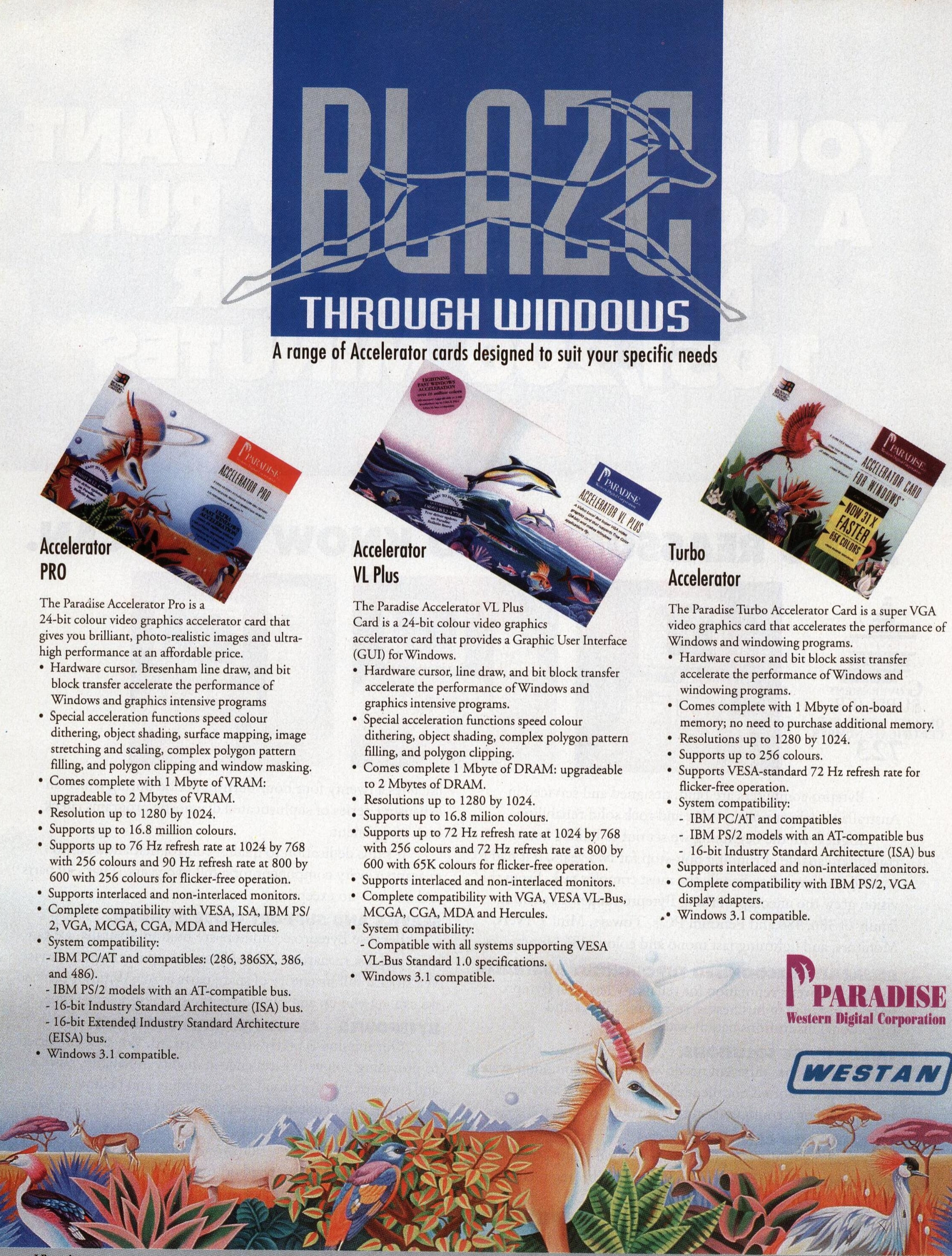 print ad for the Accelerator PRO, VL Plus, and Turbo, with lots of marketing text. Box 1: Saturn in the sky, fantasy horned African-savanna animals, birds, and unicorn. Box 2: dolphins, tropical fish. Box 3: Birds of paradise, tropical birds, green plants etc.