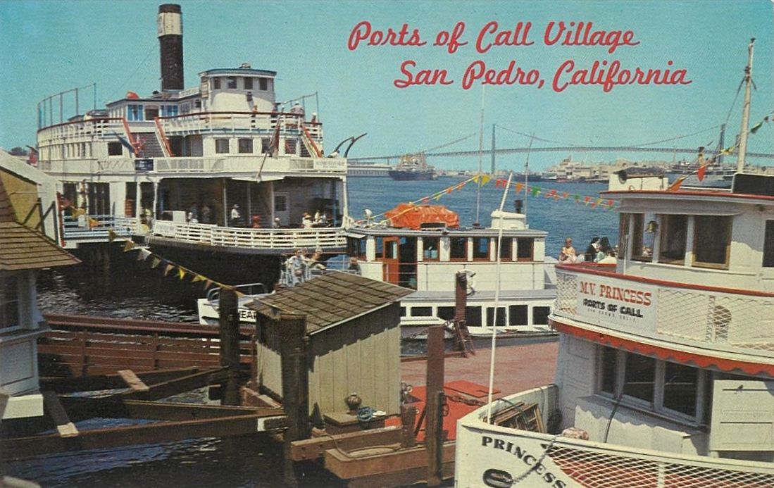 Postcard for Ports of Call Village San Pedro California, showing 3 boats at the terminal ramp, and water in the background.