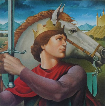The original illustration in which the crowned young man in a sword pose is looking to the right, with horse, castle and mountains behind.