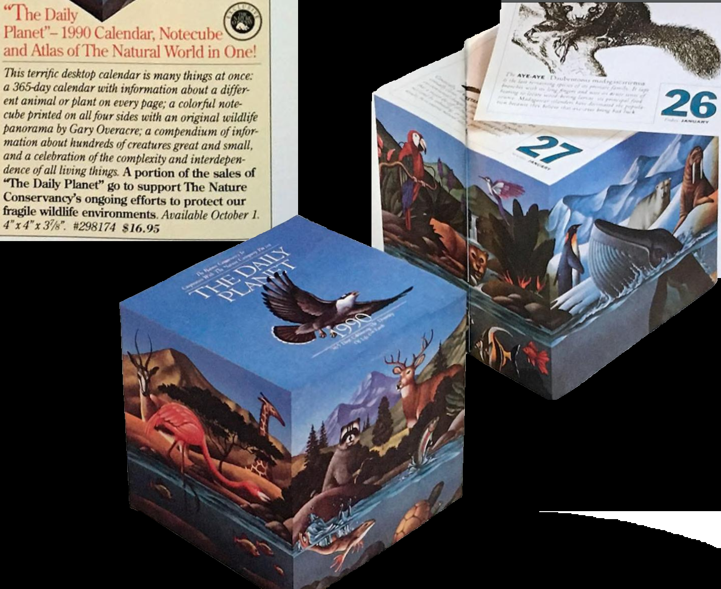 The Nature Company 1989 -1990 Catalogue, showing a quote /Notecube and Atlast of the Natural World in One!/. The cube is shown in two rotations, to showcase all of Gary%s illustration.