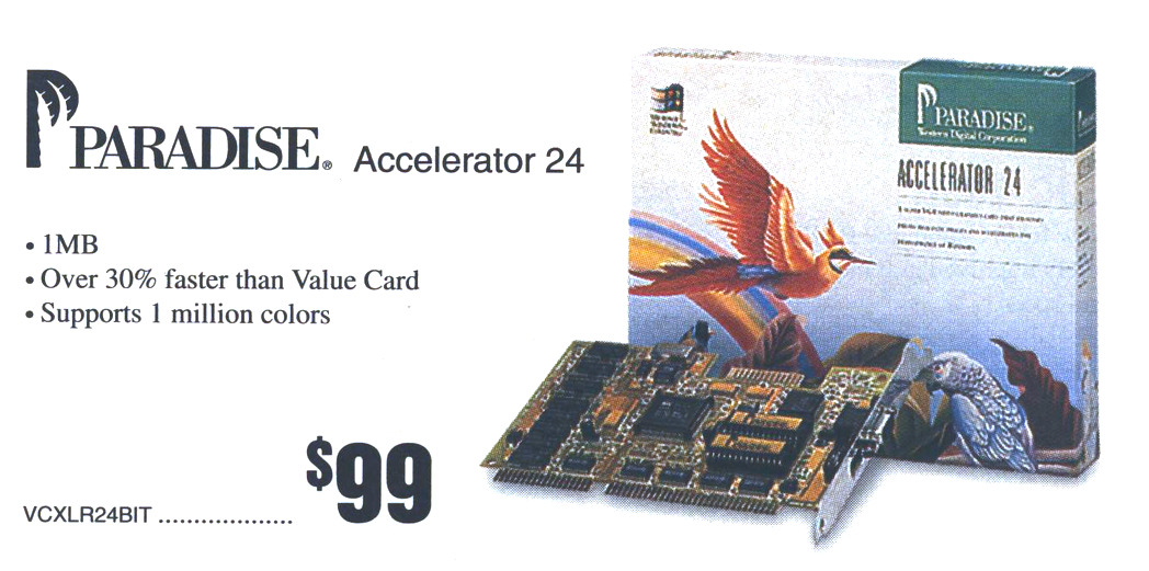 print ad for the Paradise Accelerator 24, featuring an orange red white feathered bird box art, a blue parrot, and a finch like bird partially obscured, and a view of the card on display in front of the box