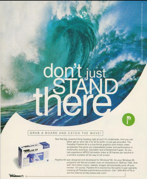 Oct 1995 advertisement for Pipeline 64 quote, dont just stand there grab a board and catch the wave