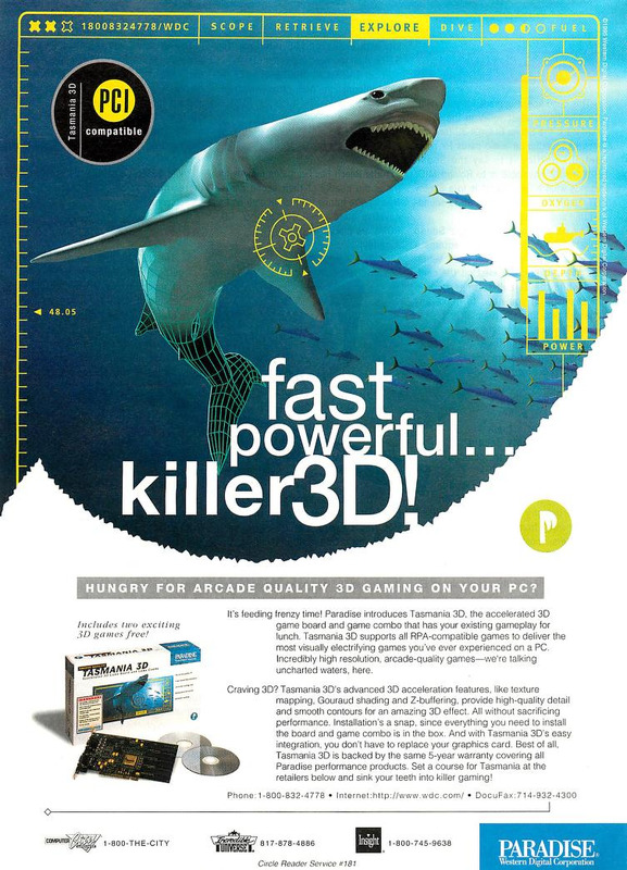 A full page ad for the Paradise Tasmania 3D, promising fast powerful killer3D! It says it is feeding frenzy time and the Tasmania 3D will have all your existing gameplay for lunch.